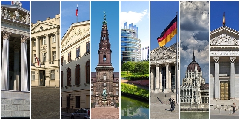 ParlLawSpeech composite banner — eight legislatures cropped and pasted together (Austria, Croatia, Czech Republic, Denmark, European Parliament, Germany, Hungary, Spain)